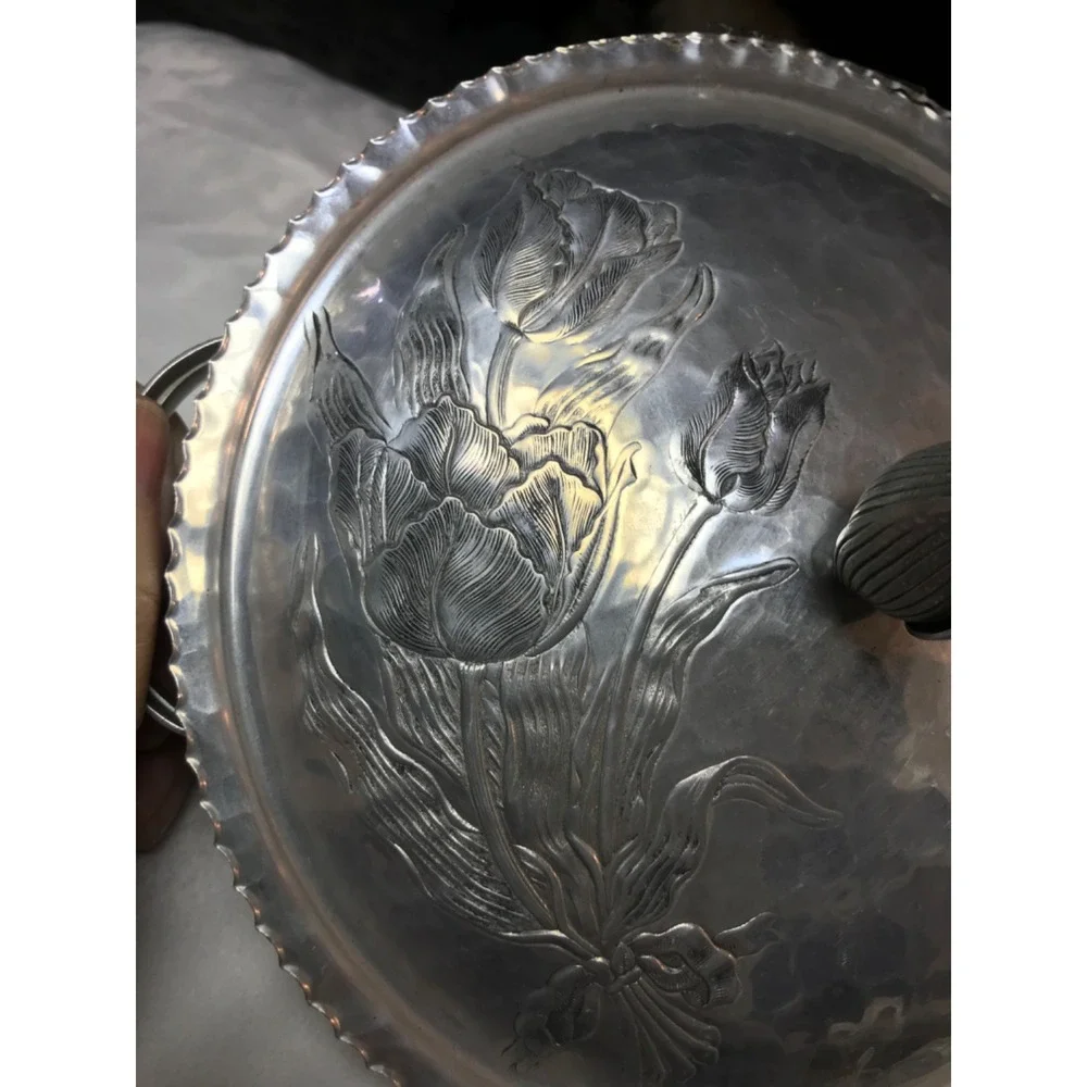 MCM Vintage hammered aluminum casserole with lid, MCM, Rodney Kent, tulip design